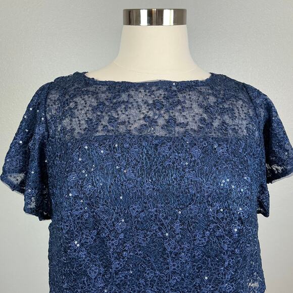 Adrianna Papell Sequined Lace Sheath Boat Neck Cocktail Dress Navy Blue Size 14W - Picture 8 of 13